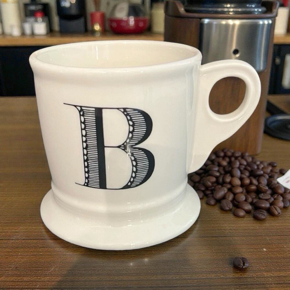 Anthropologie Mug White - Black B Monogram Coffee Pedestal Shaving Cup Style